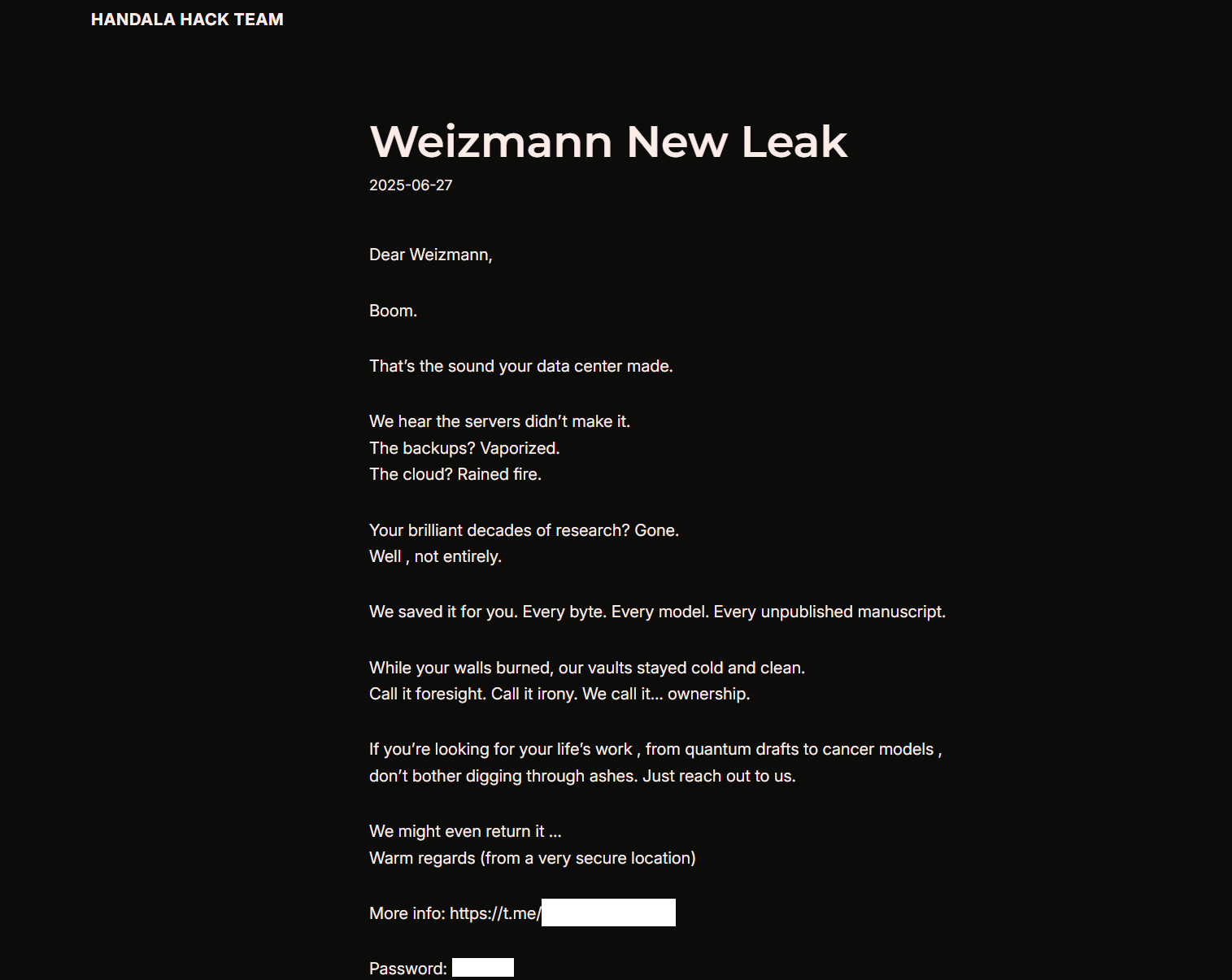 Weizmann Institute of Science - Handala Hack team